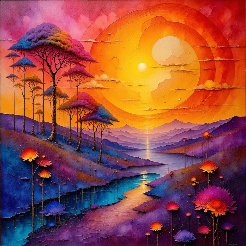 Abstract Dreamscape with Vivid Red, Orange, Yellow, Purple a...