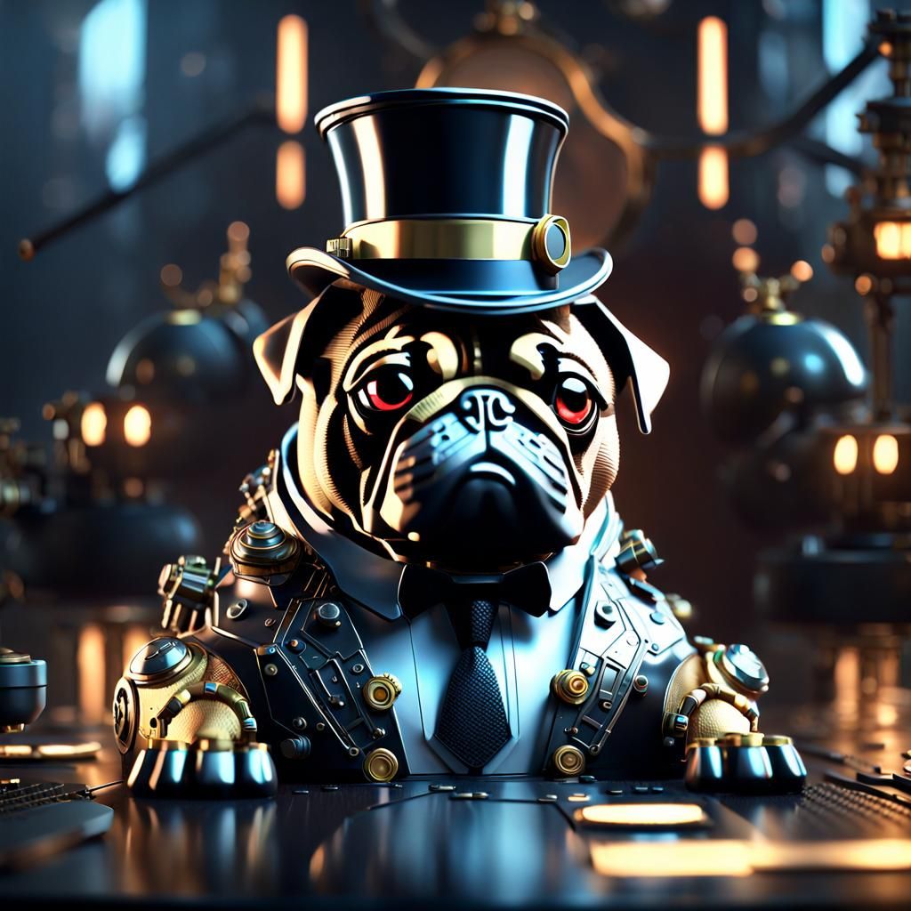 Cyborg Pug with Top Hat in Sci-Fi Style