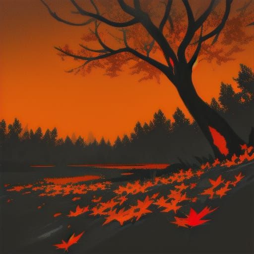 Autumnal Charcoal Drawing with Vibrant Red and Orange Hues