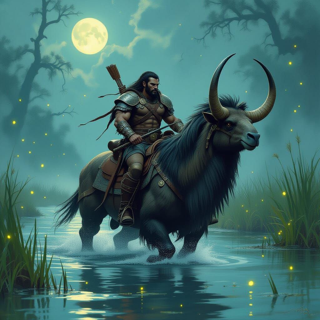 Barbarian Warrior Rides Macrauchenia Through Moonlit Swamp