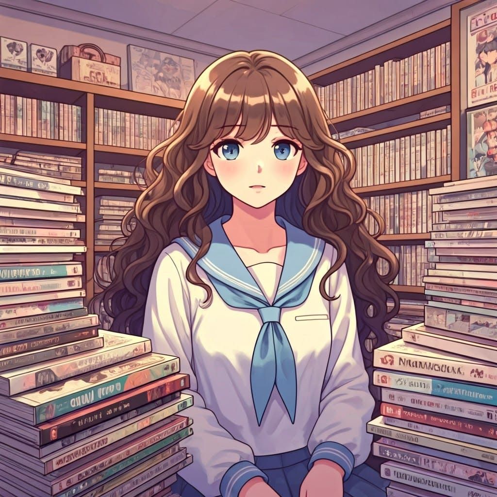Anime Girl Surrounded by Manga in Moe Style
