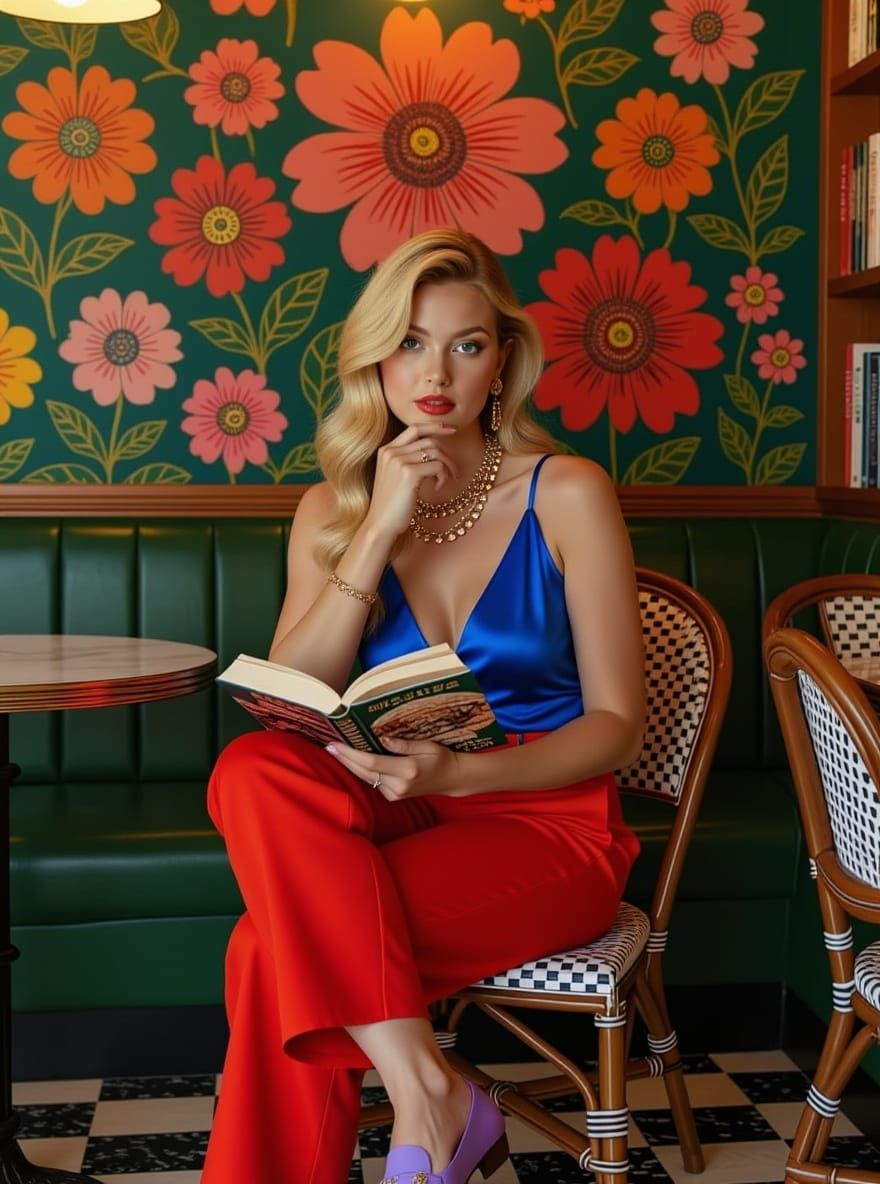 Elegant Woman Reading in Bookstore Cafe