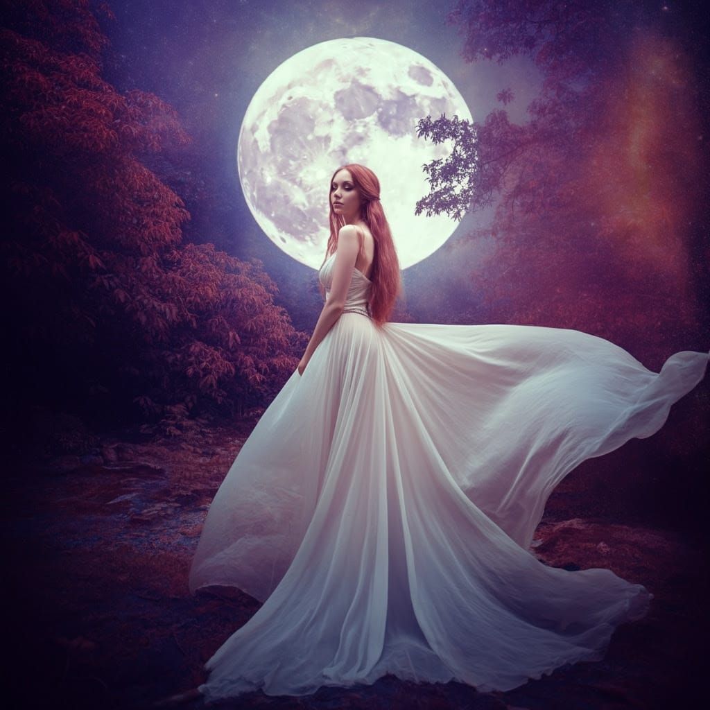 Moonlit Woman in Mystical Forest, Dreamy Digital Art