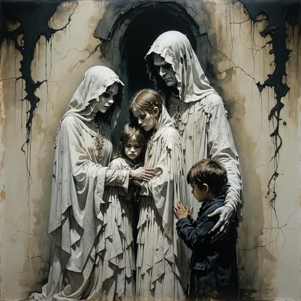 Eerie Ghosts Embrace Child in Gothic Art Style