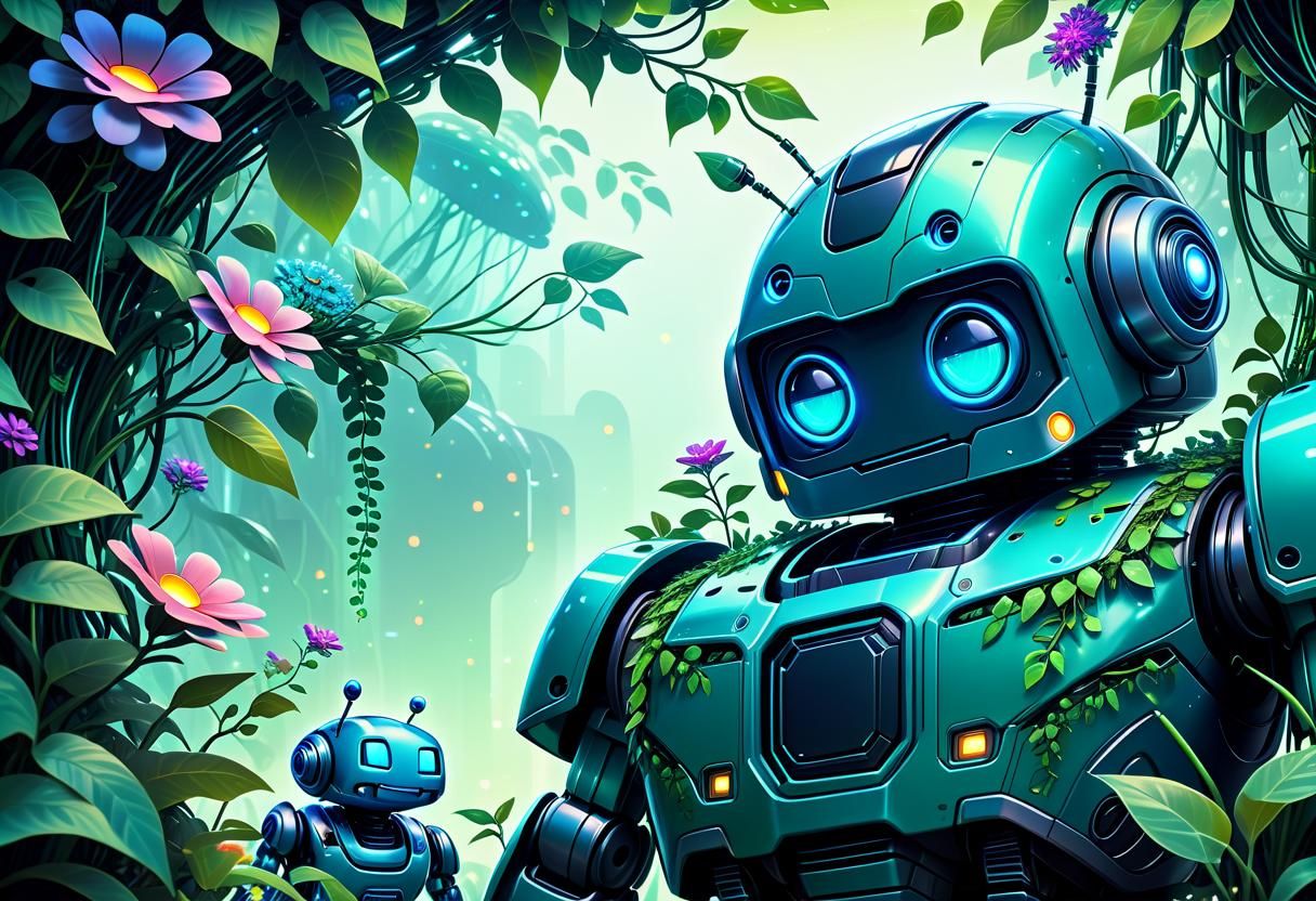 Cute Giant Robot in Neon Jungle Dreamscape