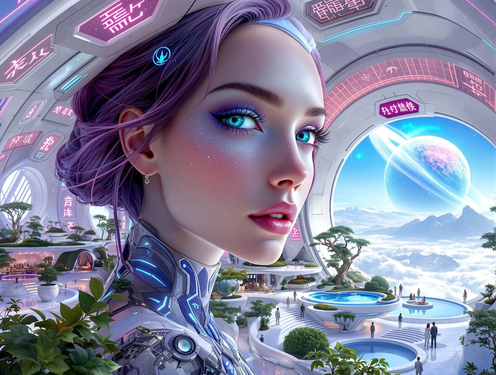 Galactic Woman on Mothership in Light-Filled Oil Painting