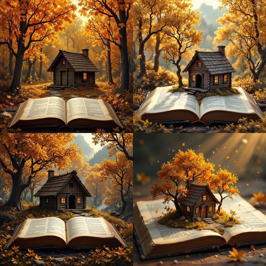 Tiny Hut Amidst Golden Trees on Open Book Pages