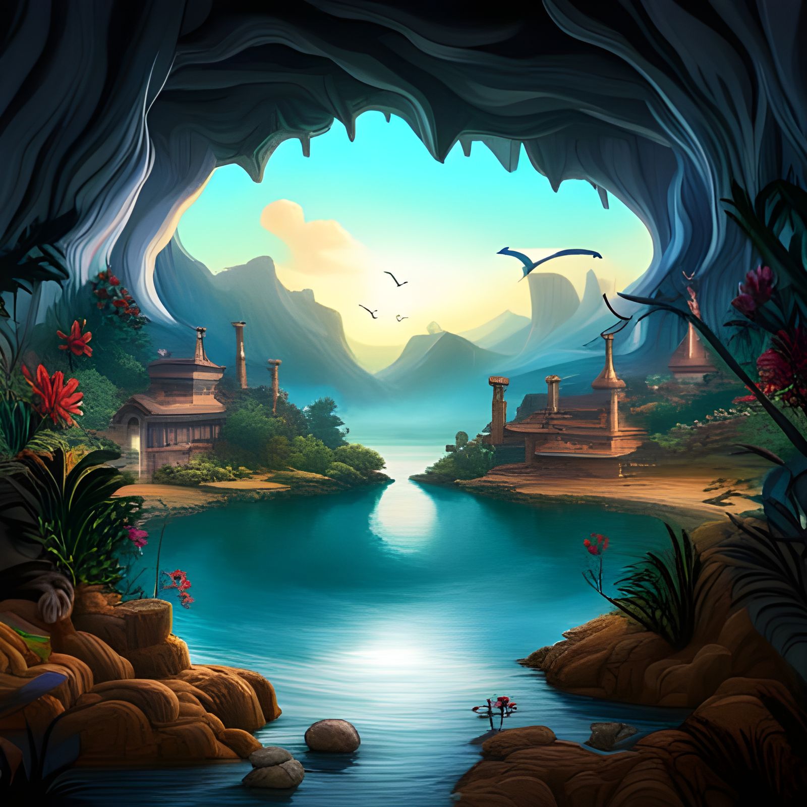 Dolphins Playing in Cave Lake: 3D Digital Art