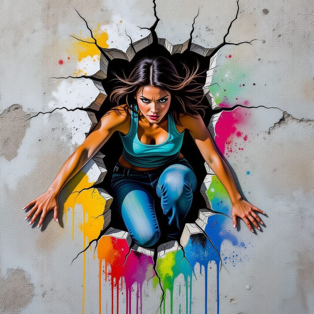 Woman Emerges from Graffiti Wall in Spray Paint Art
