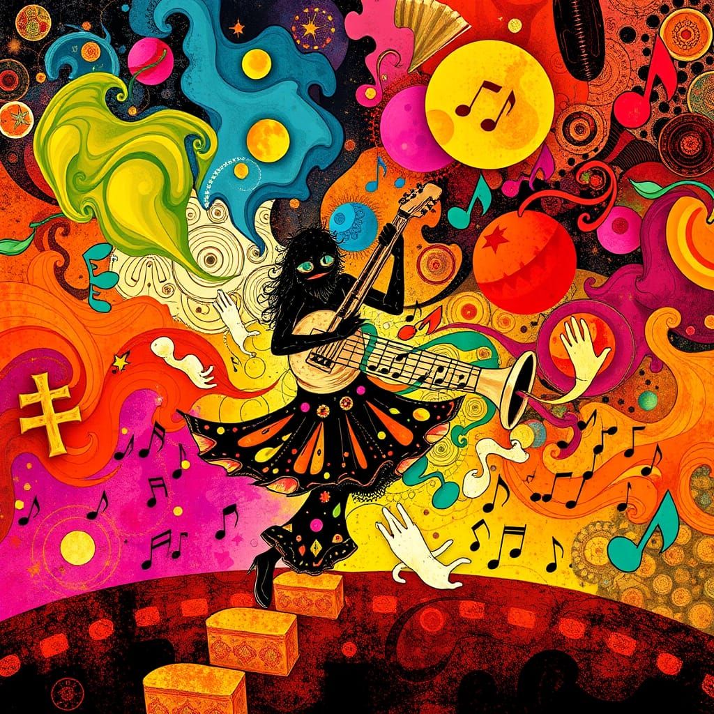 Psychedelic Jazz Fusion Dance in Vibrant Abstraction