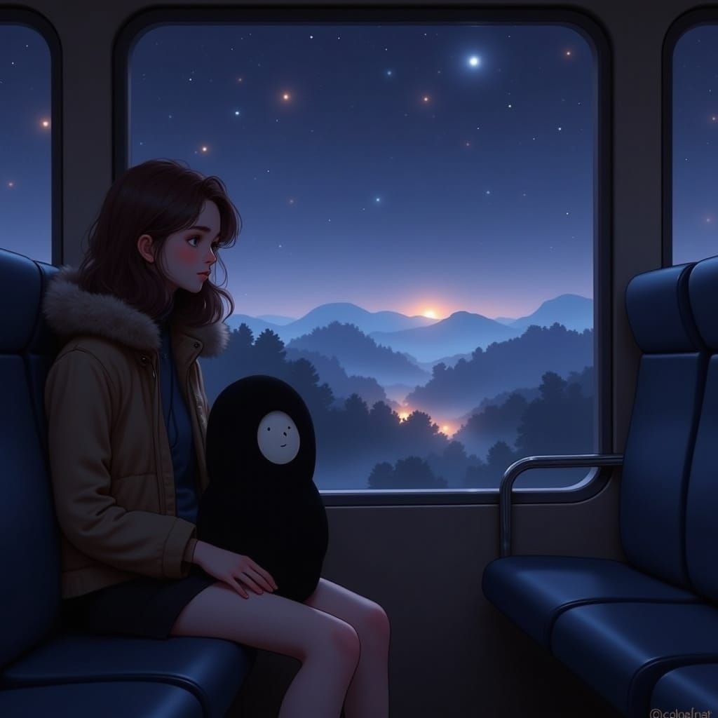Girl in Tranquil Night Train Scene