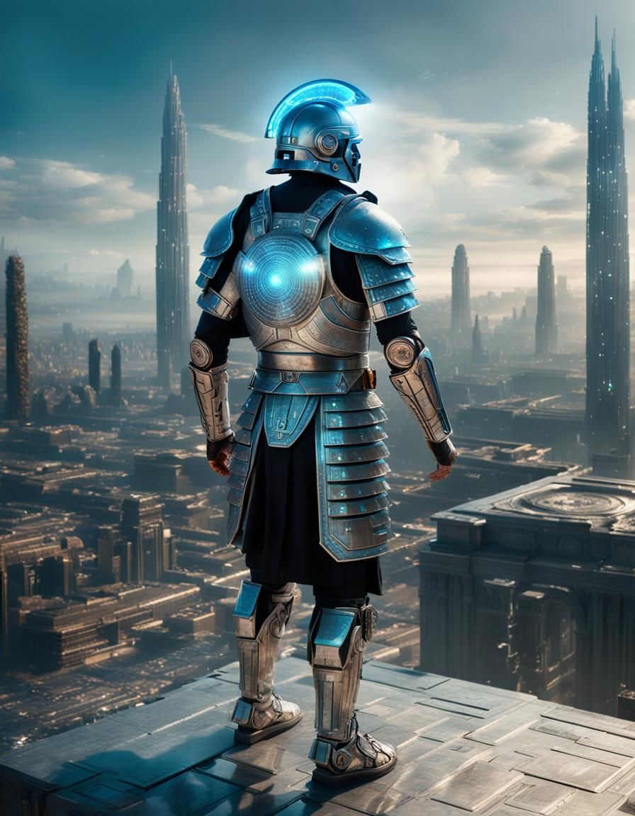 Futuristic Roman Centurion Hologram in Cyberpunk Style