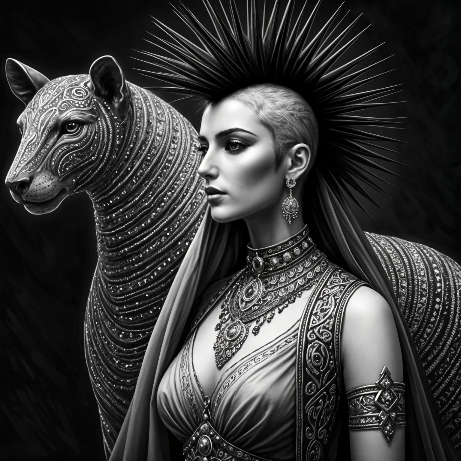 Arabian Punk Rock Woman with Animal: Oil Painting on Glass