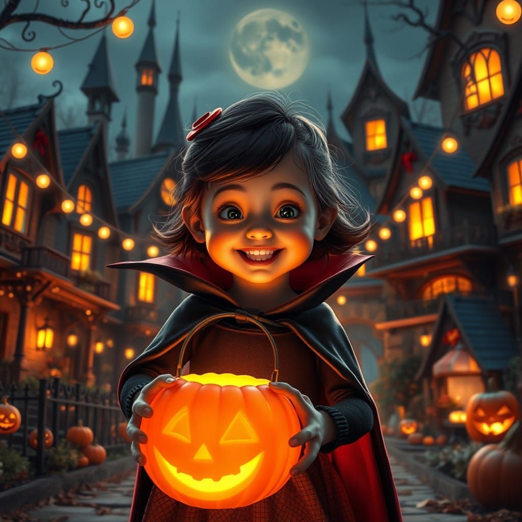 Little girl dressed as a vampire going trick or treating, bi...