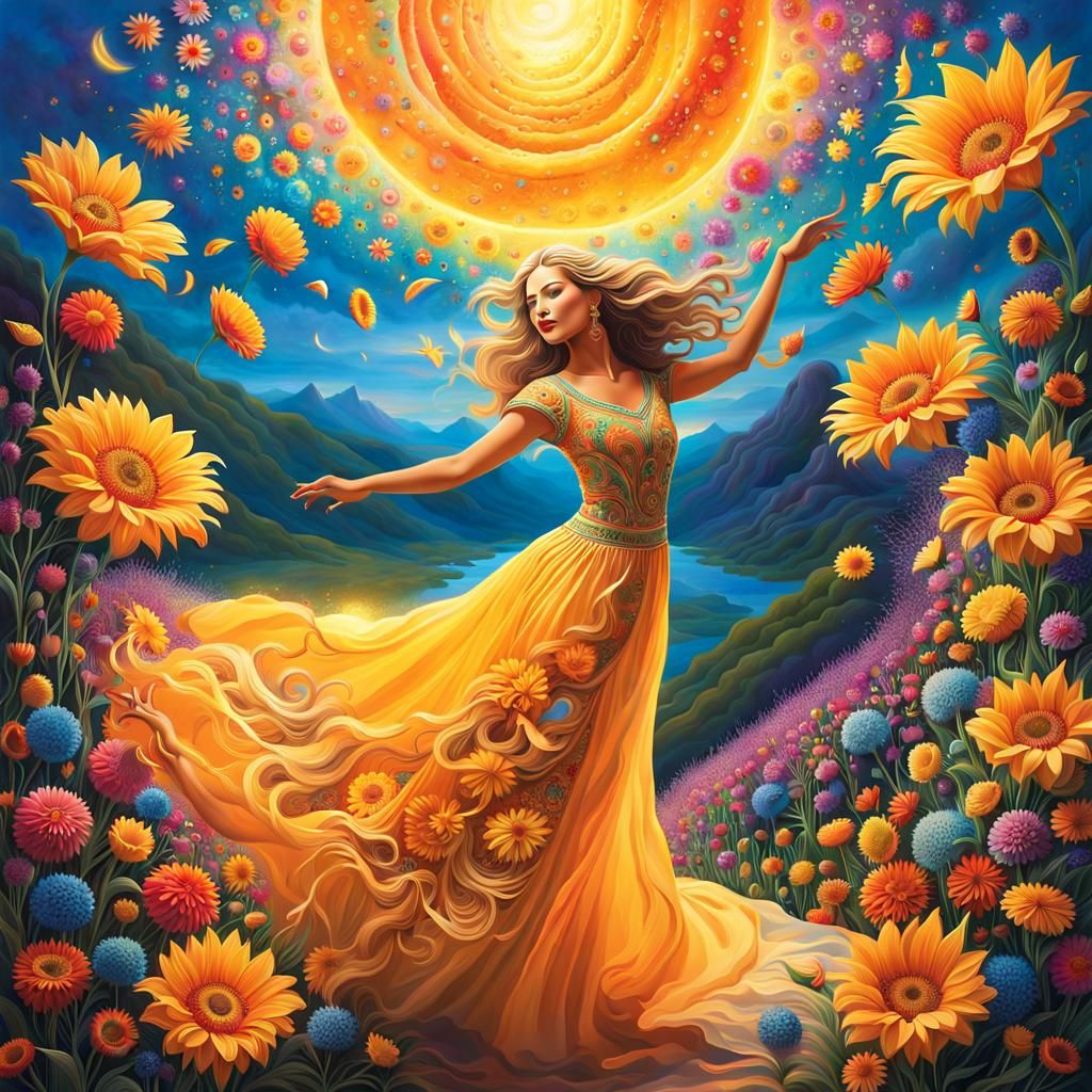 Surreal Woman Dancing Among Sun and Moon Flowers