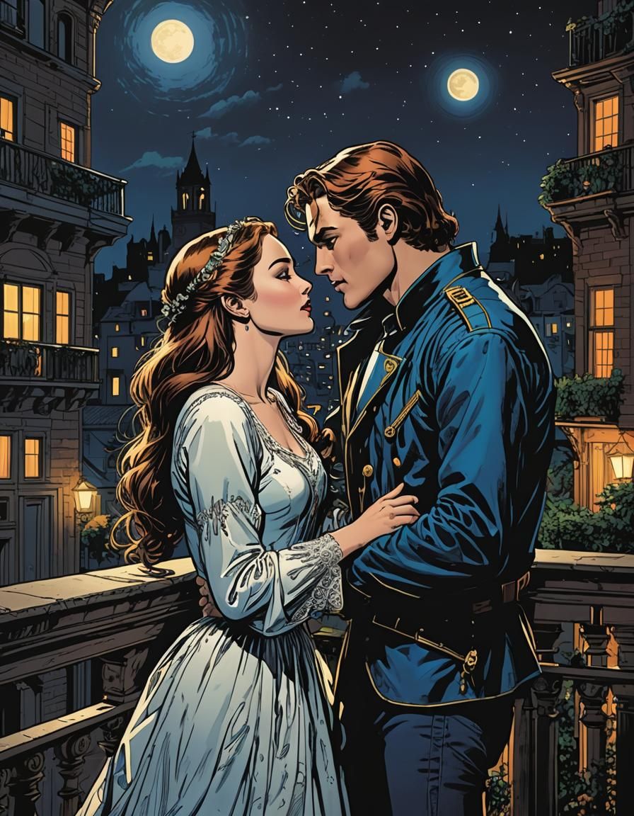 Romeo and Juliet kissing on the balcony at night, Comic Book...