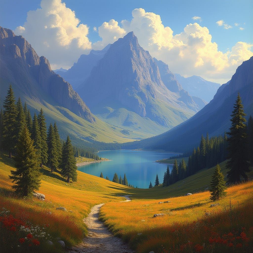 Romantic Landscape Painting with Rolling Hills and Lake