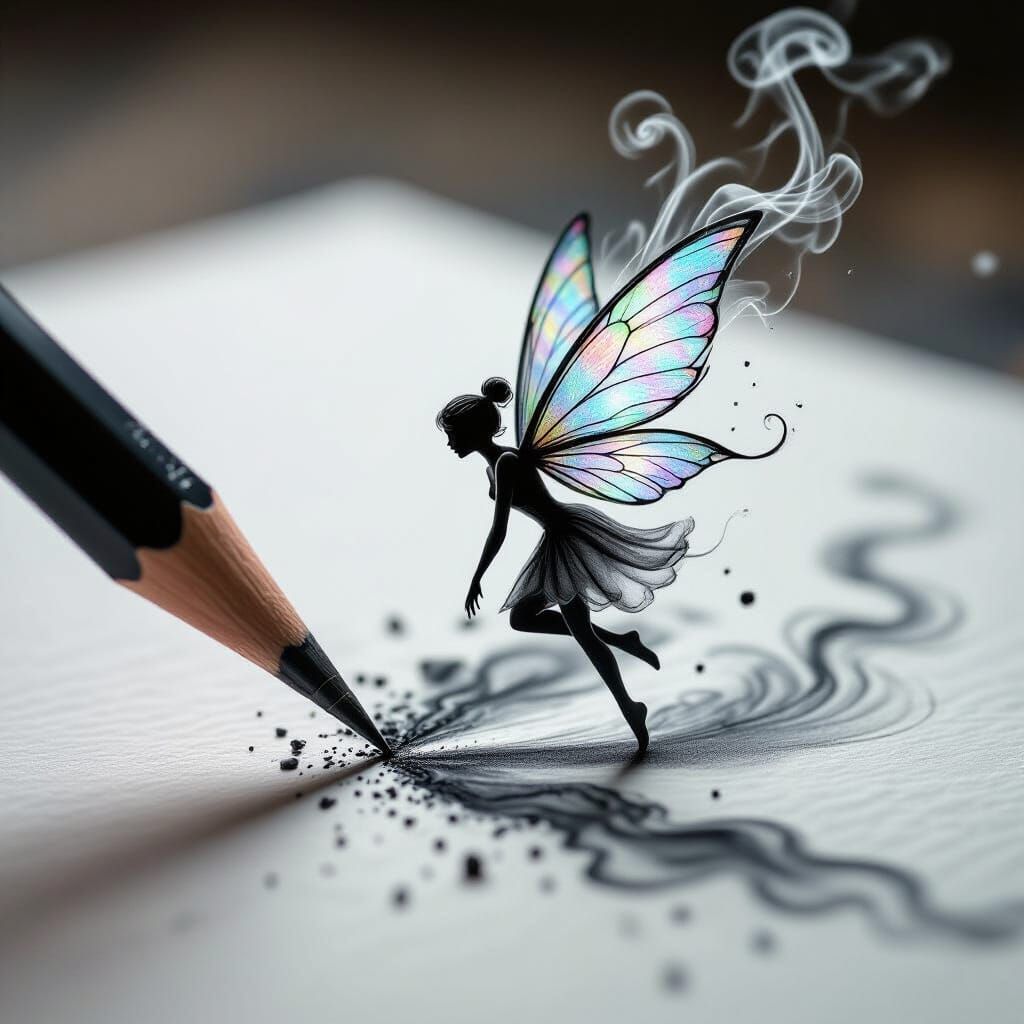 Charcoal Pencil Sketch Becomes Swirling Smoke Fairy