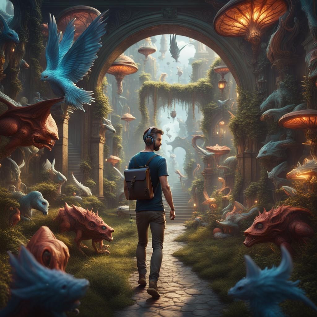 Man Reading Surrounded by Magic Creatures: Fantasy Art