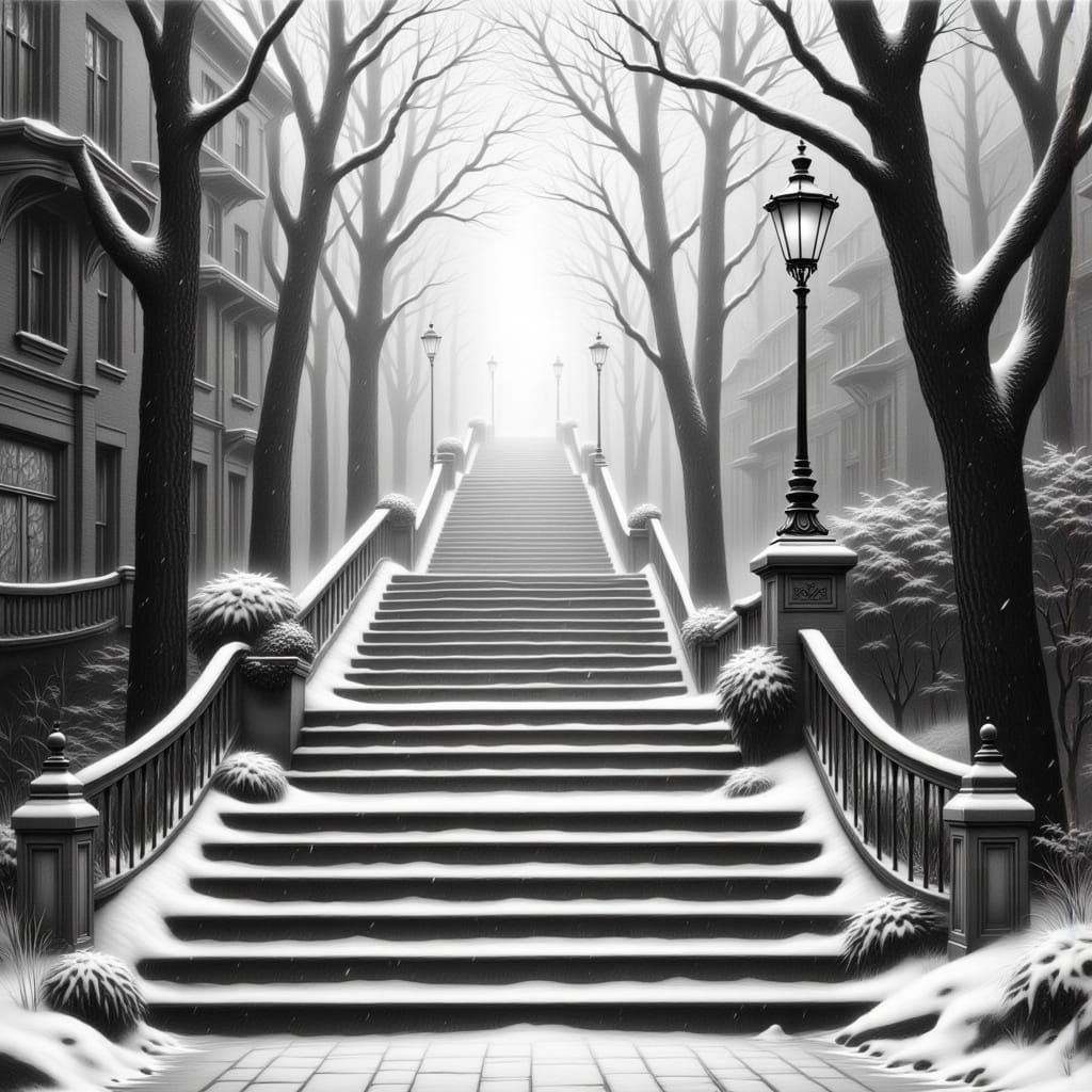 Winter Staircase in Ethereal Mist