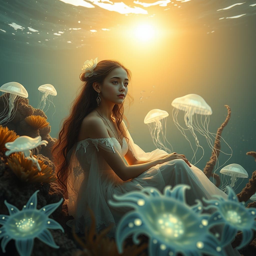 Ethereal Girl in Glowing Coral Reef