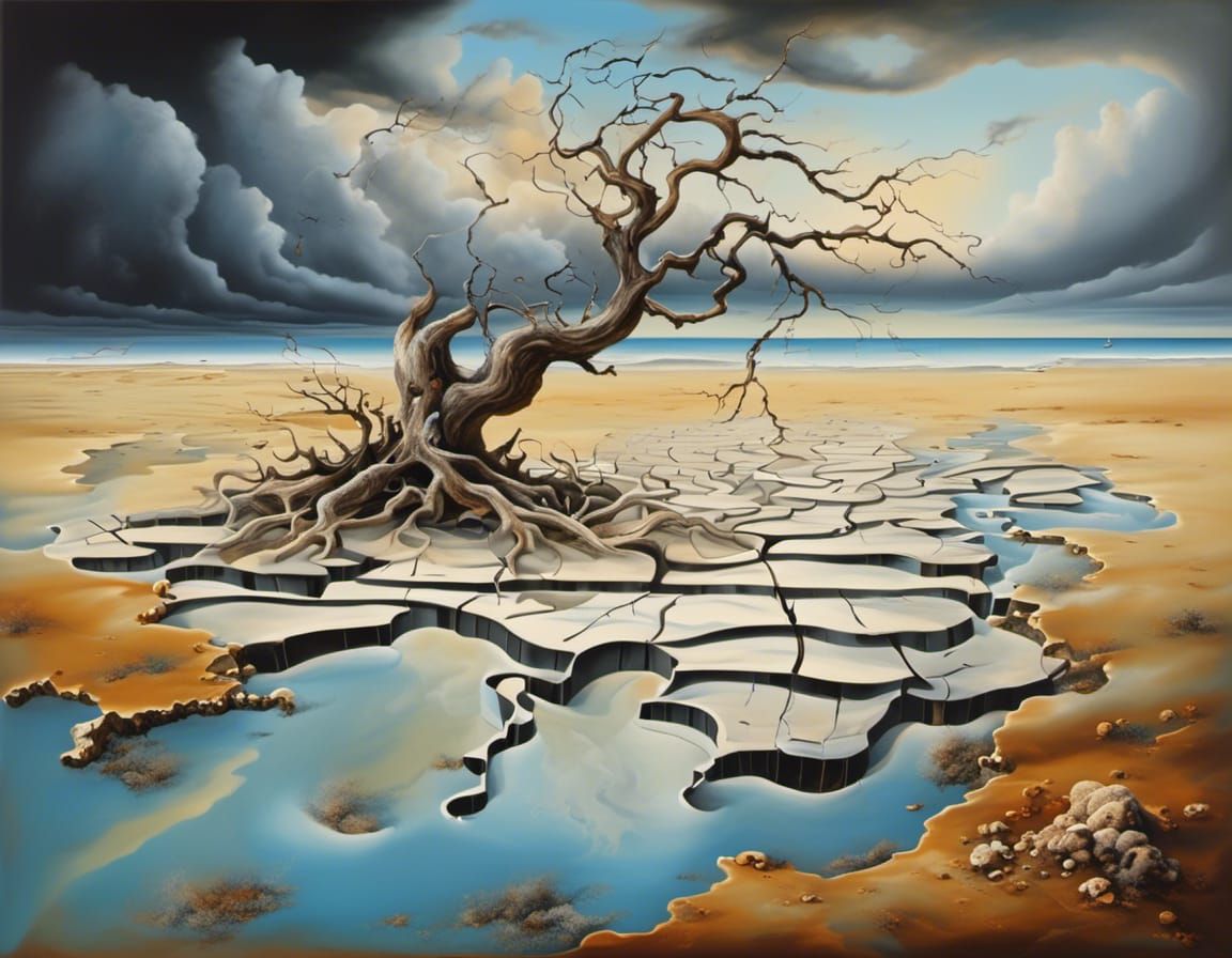 Surreal Desert Landscape with Bare Tree, Dali Style