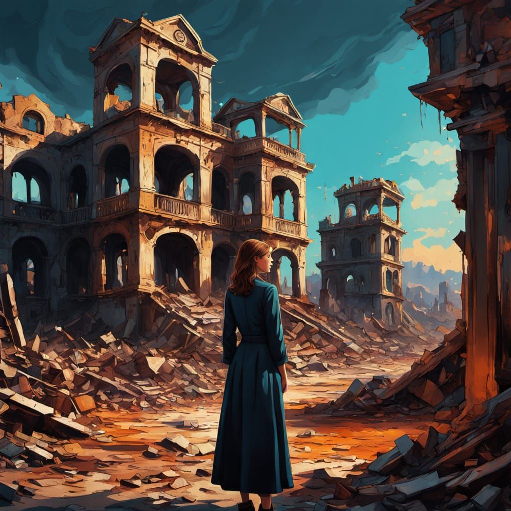 Melancholic Lady Among Ruins in Surreal Oil Painting