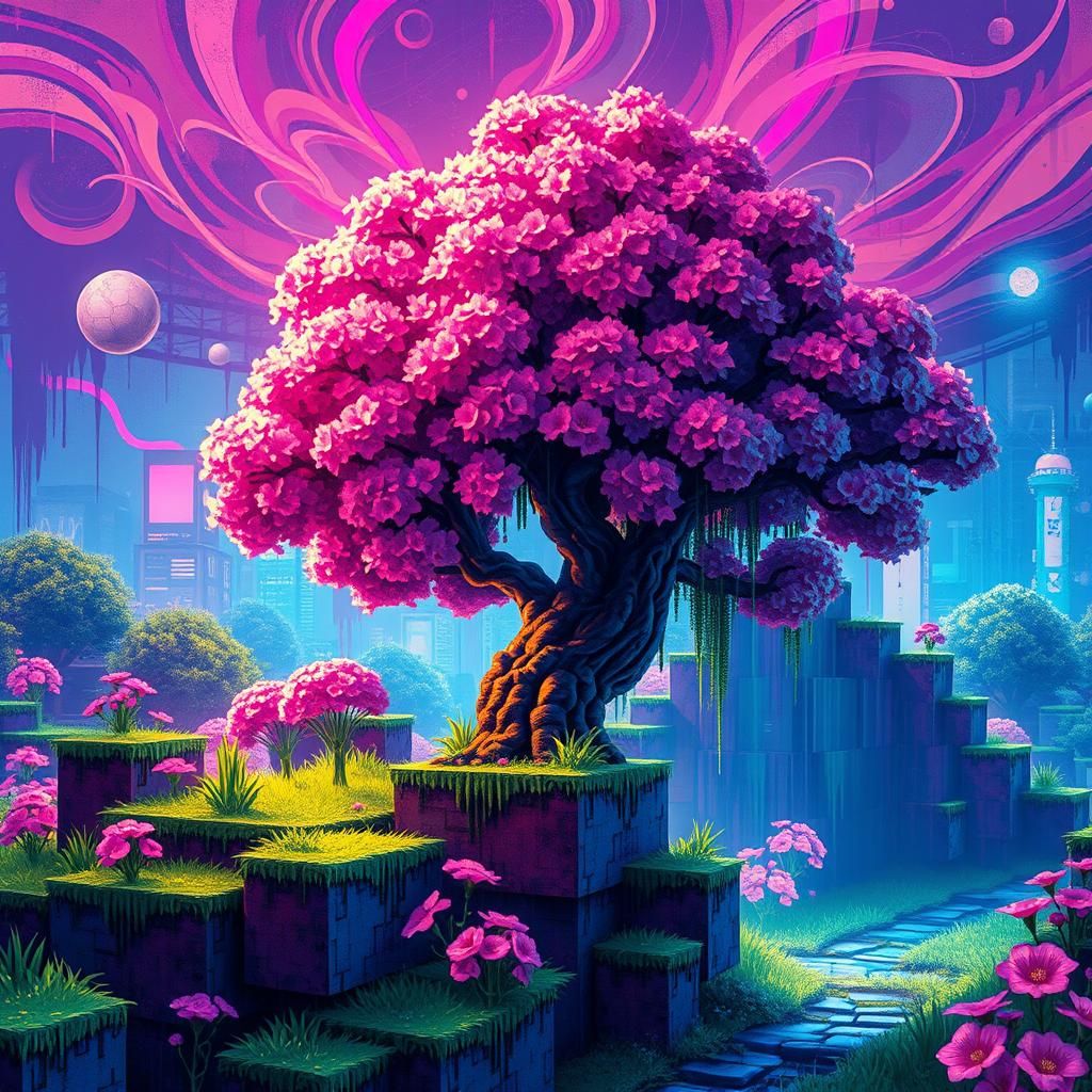 Cherry Blossom Tree in Minecraft Landscape with Pixel Lights
