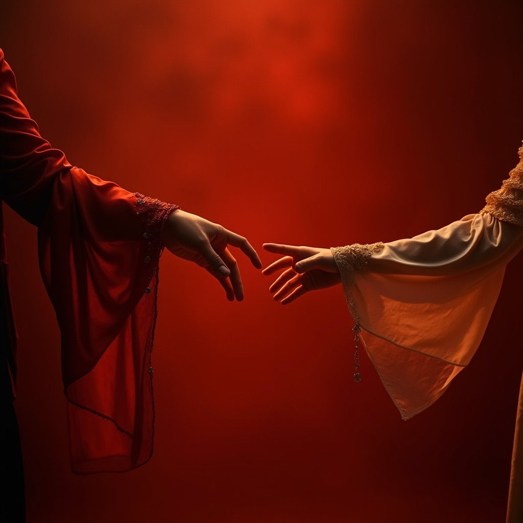 Poignant Hands Reach in Mystical Red Light