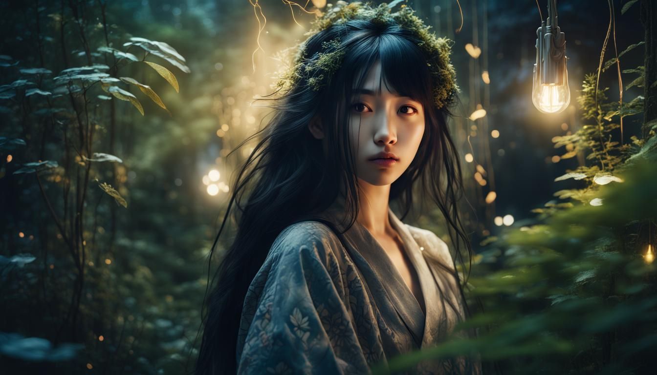 Enchanting Artist Girl in Glowing Forest