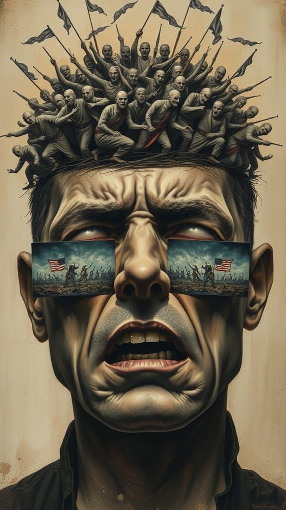 Anguish Portrait with War Scenes in Sepia Tones