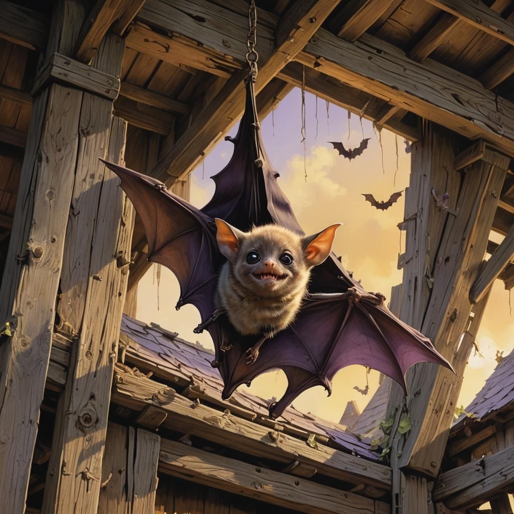 Baby Bat Pippa in Barn, Matte Painting Style