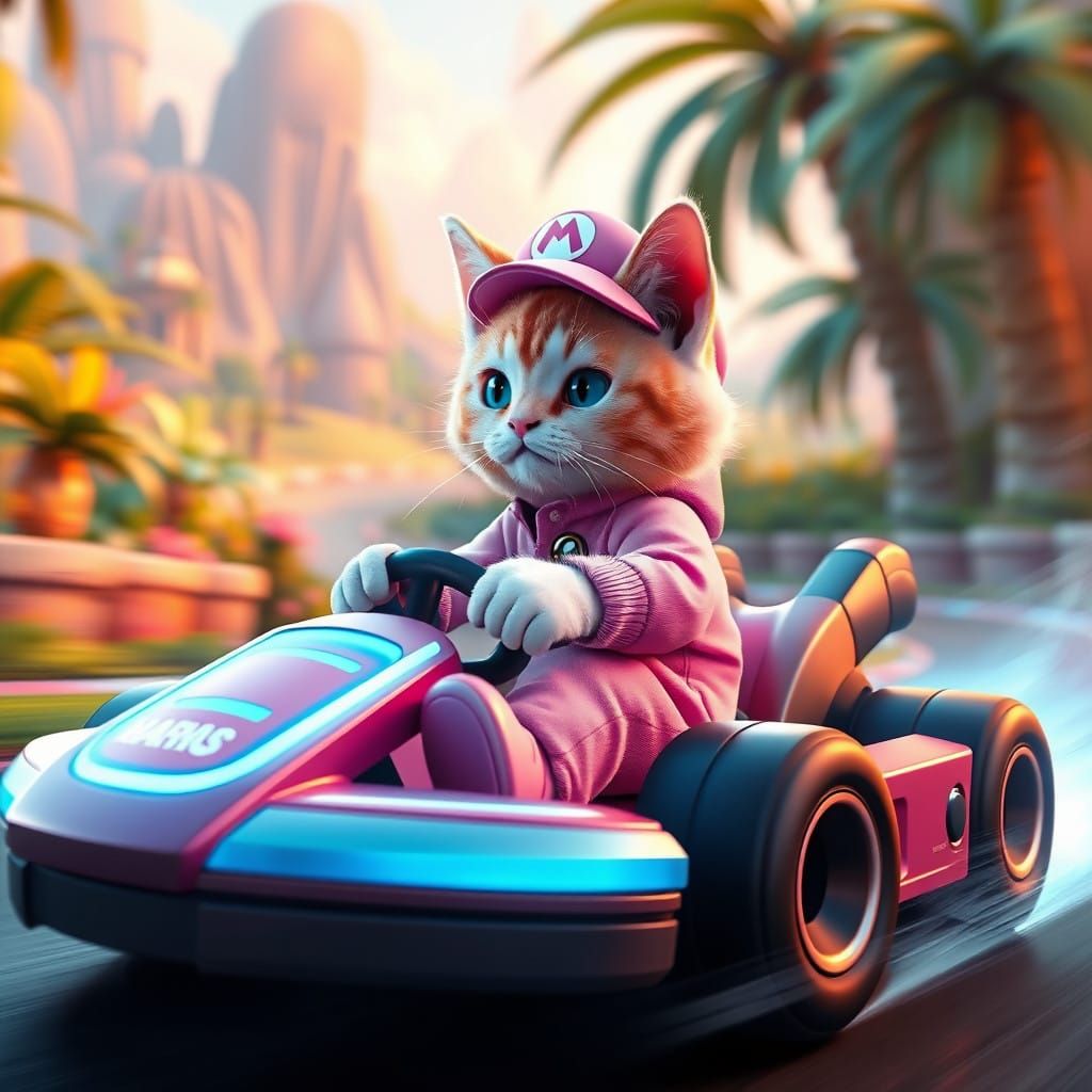 Vibrant Cat Speeds Through Pastel Peach Landscape in Mario K...