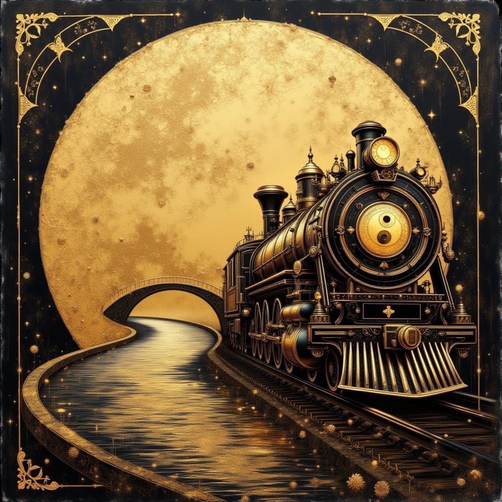 Golden Locomotive on Moonlit Bridge, Digital Art