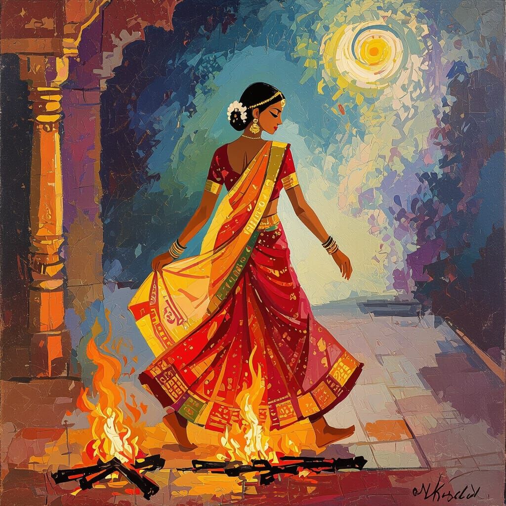 Hindu Woman Fire Walking Ceremony in Vivid Colors