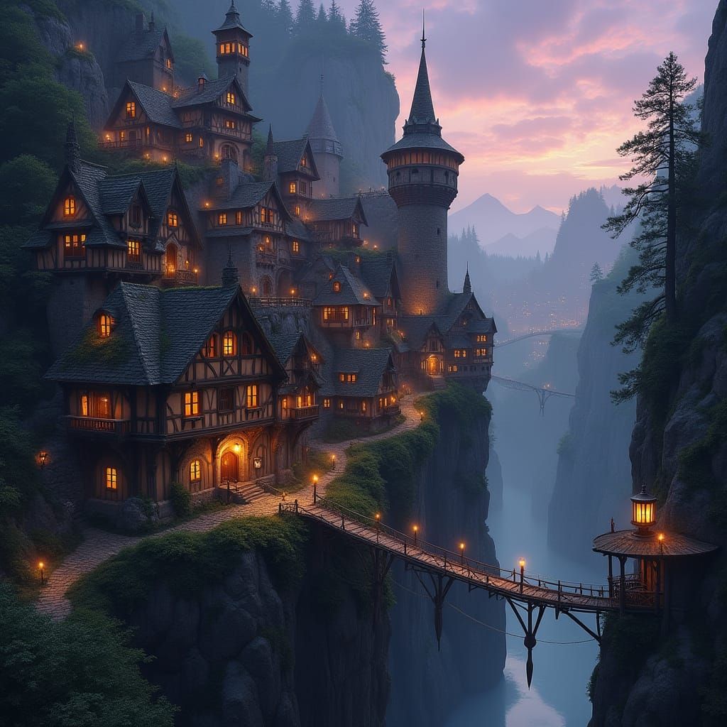 Medieval Cliffside Town in Ancient Forest at Twilight