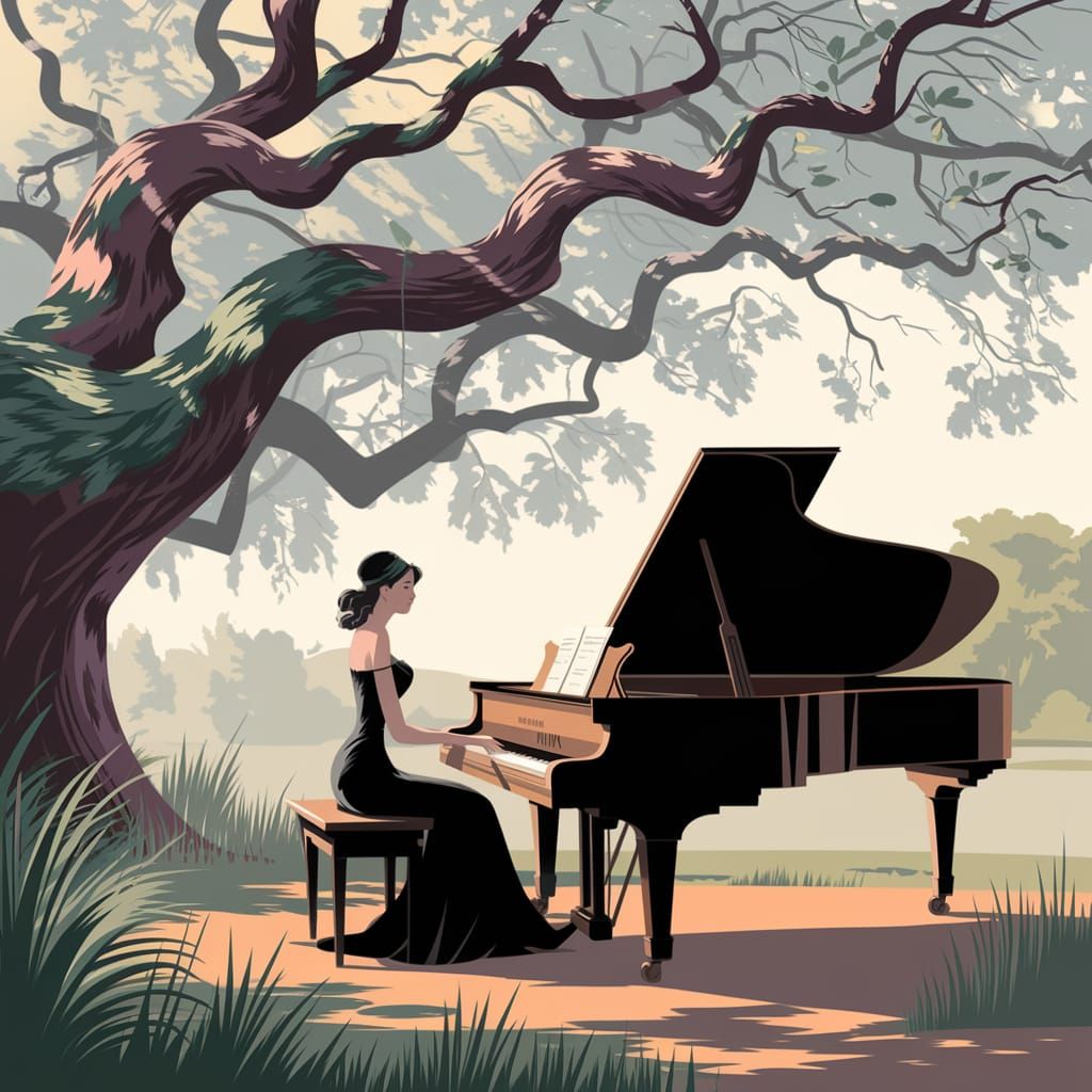 Serene Woman Plays Piano: Romantic Oil Painting