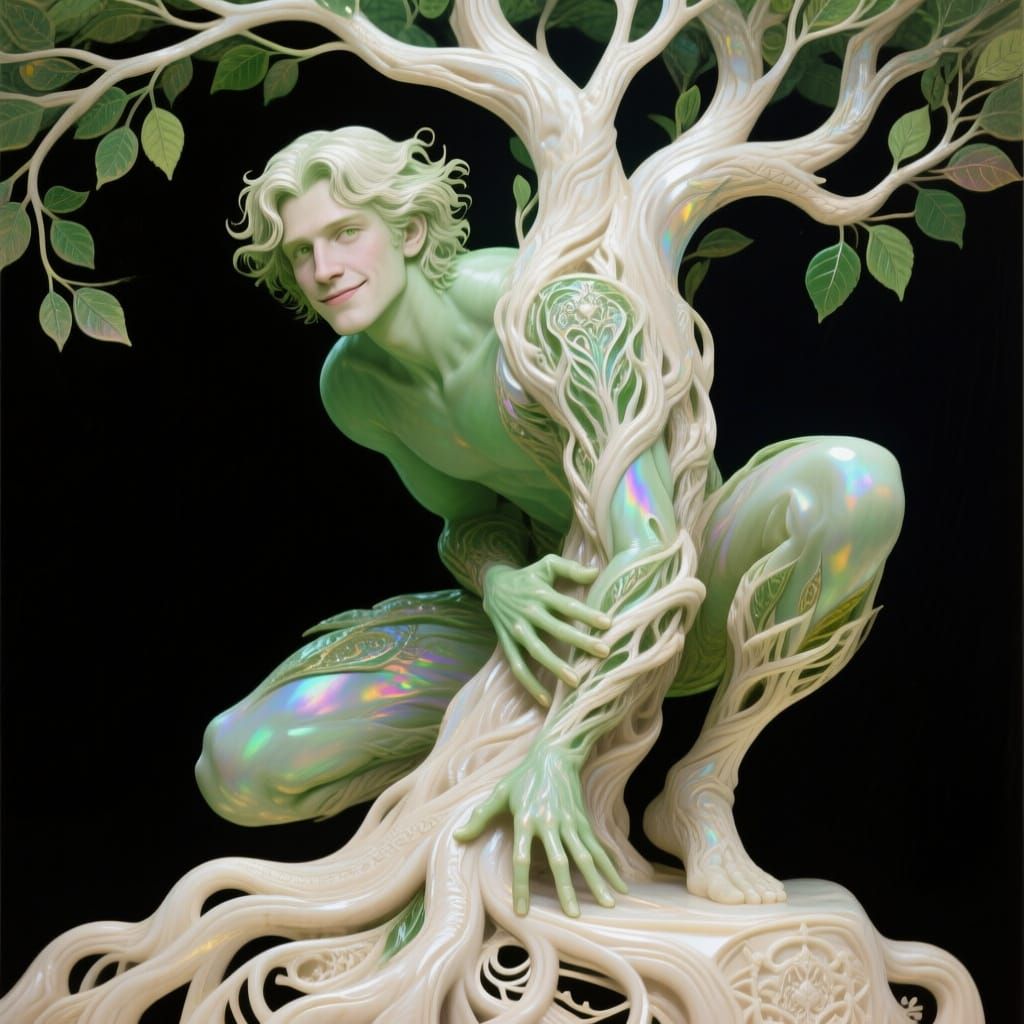 Green Dryad Transforming: Art Deco Detailed Painting