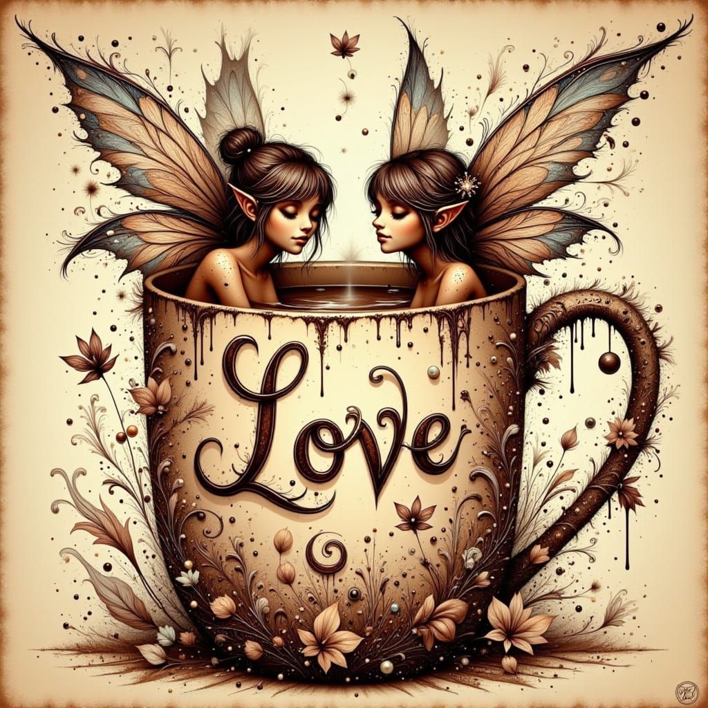 Whimsical Fairies Gathered Around a Mug of Love