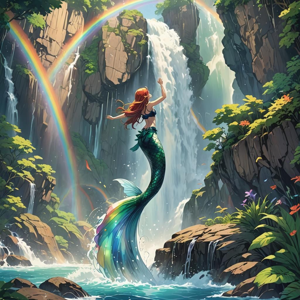 Rainbow Waterfalls and Leaping Mermaid in Anime Style