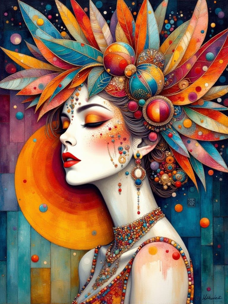 Surreal Showgirl Portrait in Watercolor and Ink