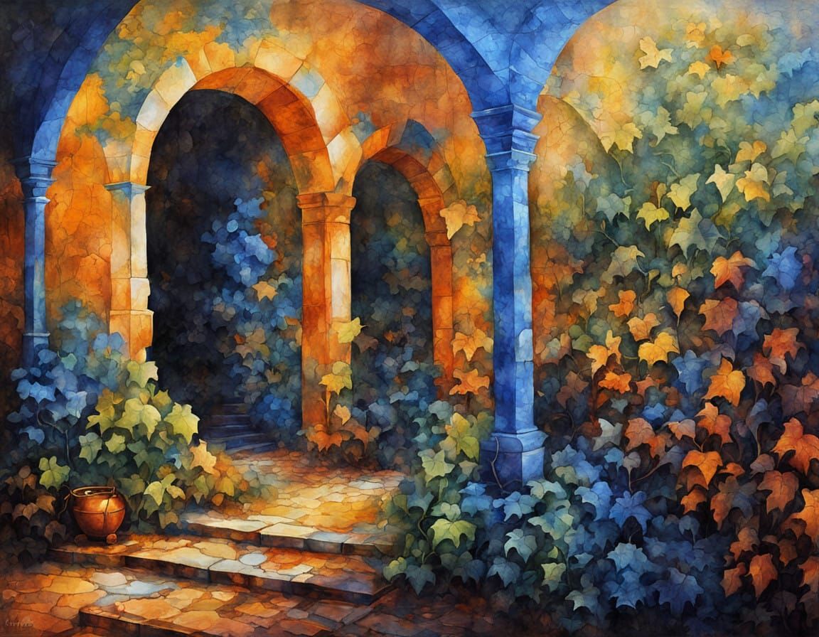 Glowing Glass Statues in an Ancient, Misty Hall