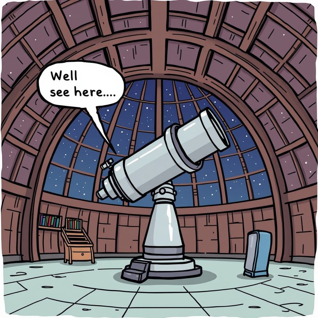Cartoon Telescope Inside Astronomy Building With Text Bubble