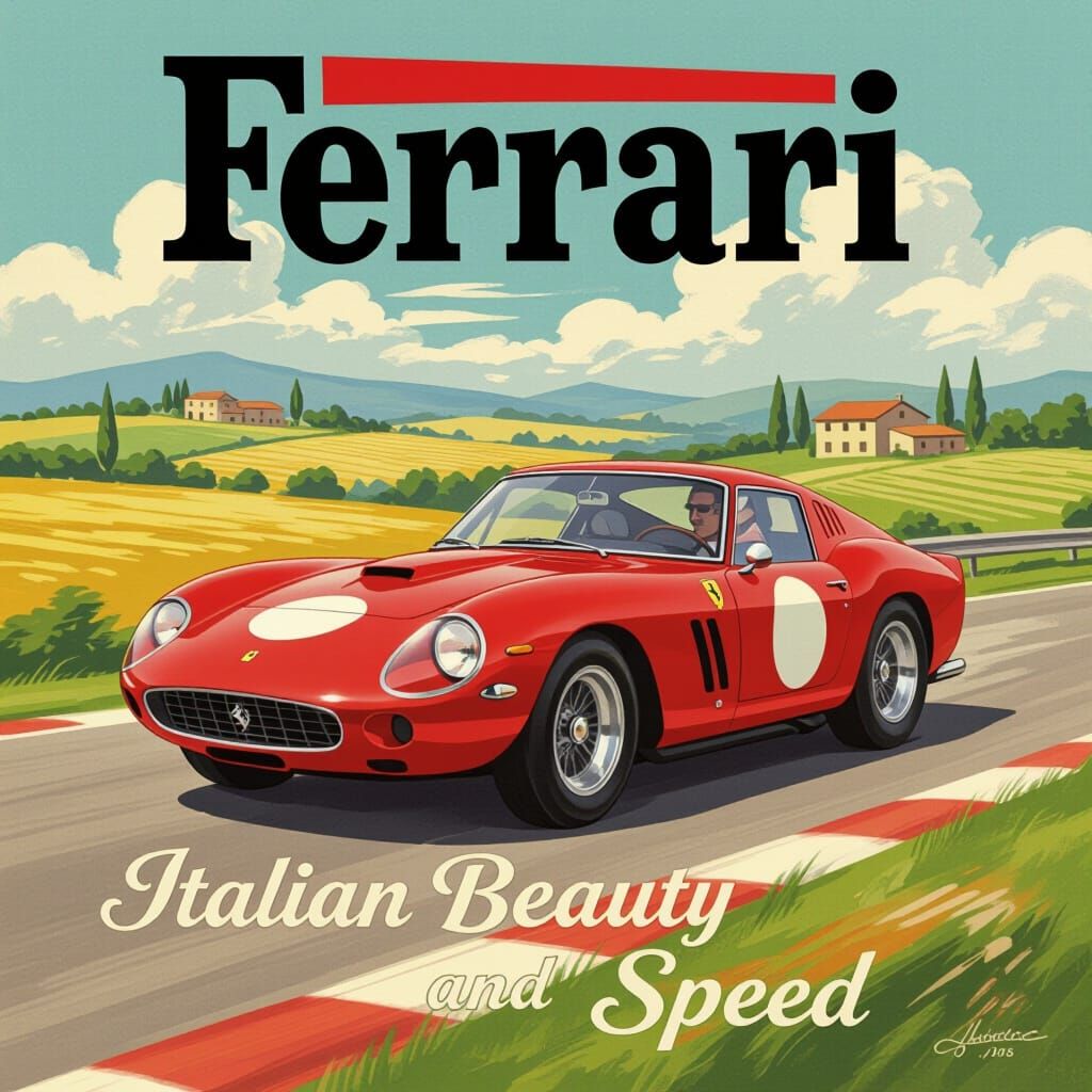 Ferrari Racing Poster in Vintage Style