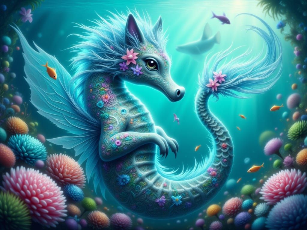 Iridescent Seahorse in Whimsical Underwater Realm