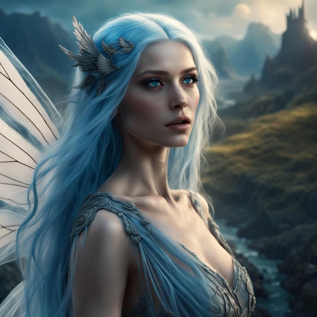 Blue-Haired Fairy in Flight: Maximalist Digital Painting