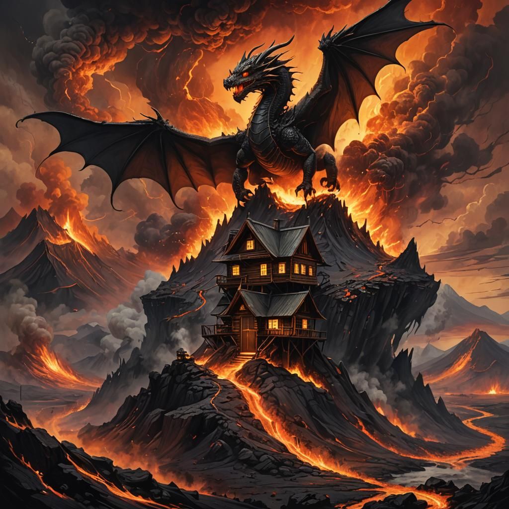 Dragon Flying Over Volcano Cabin in Dark Fantasy Art