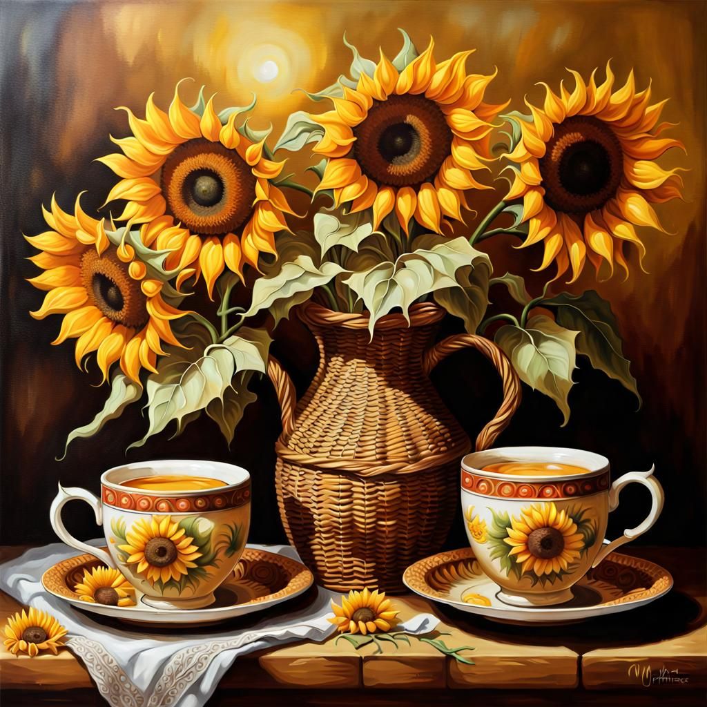 bunch of sunflowers in a vase and two cups