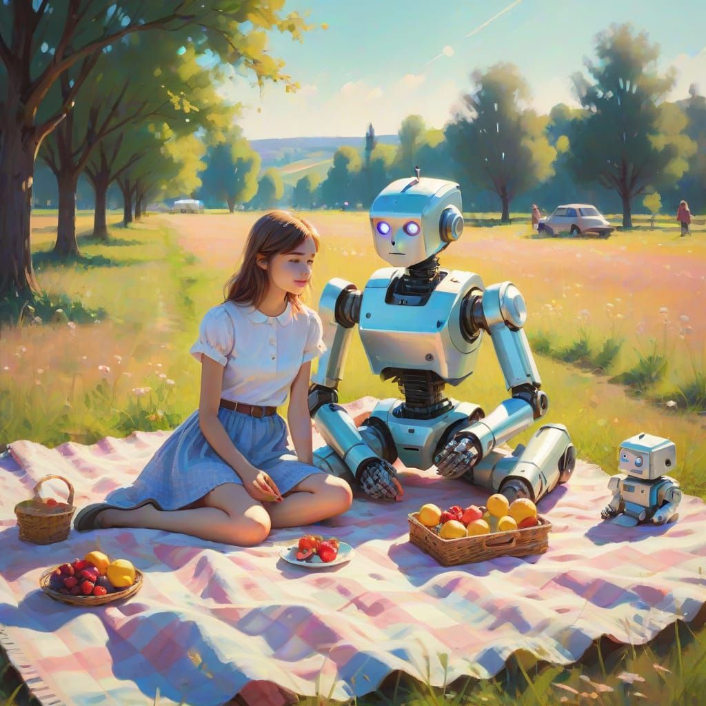 Girl and Robot Picnic in Impressionistic Style