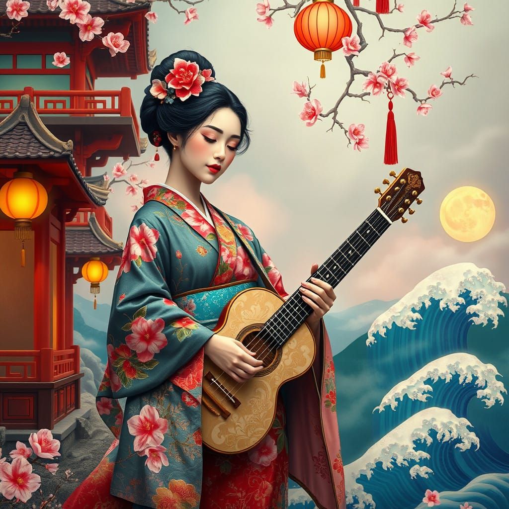 Woman in Vibrant Kimono, Guitar, and Whimsical Asian Motifs